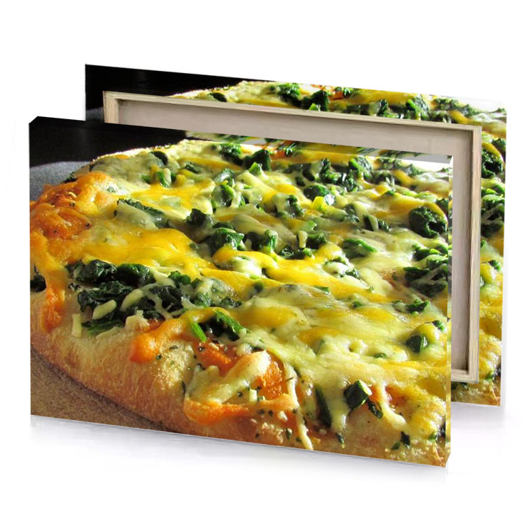 a pizza with cheese spinets and golden rod canvas