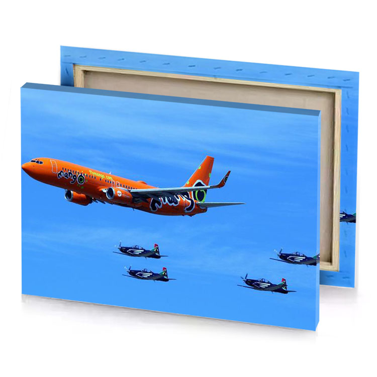 a plane flying in the sky with four people on blue jeans canvas