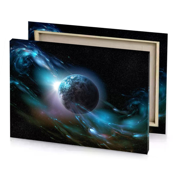 a planet with blue and orange swirl around it charcoal canvas