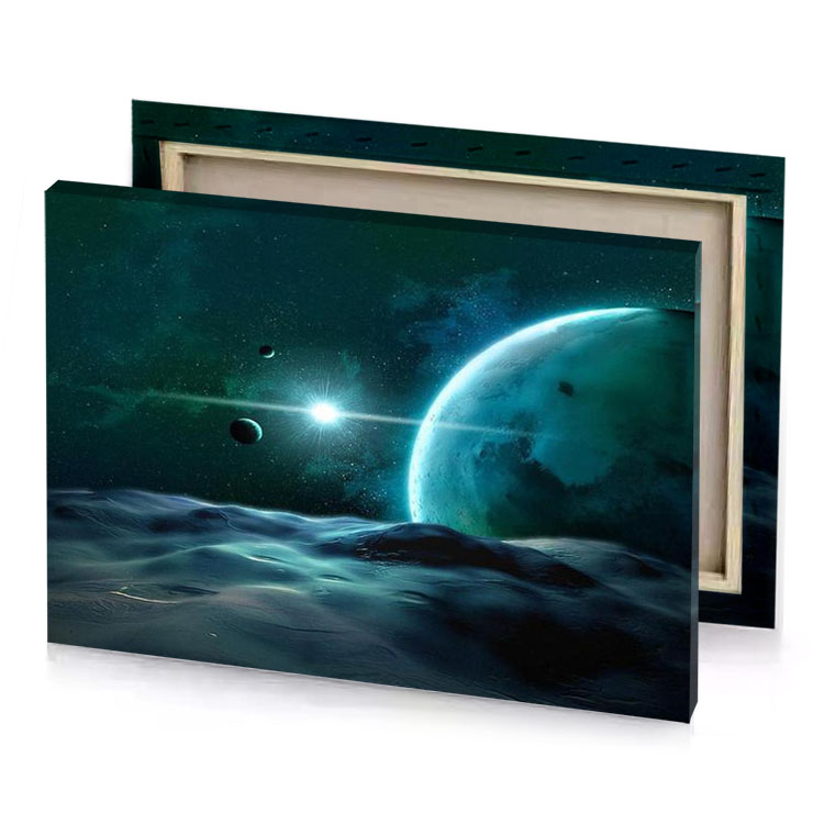 a planet with bright blue moon in the background teal canvas