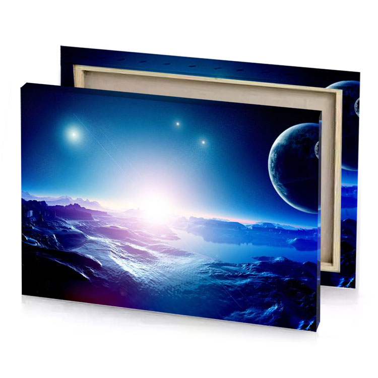 a planet with bright blue sky and mountains light steel canvas