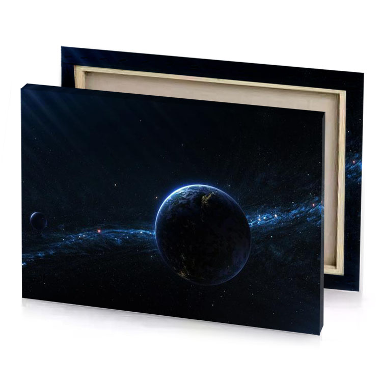 a planet with bright blue star in the background smoky black canvas