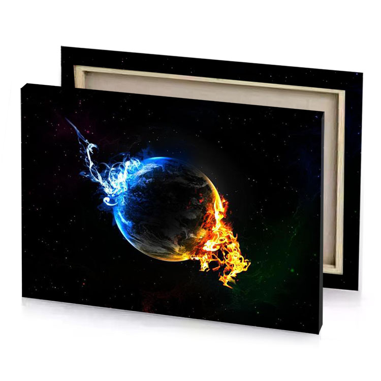 a planet with fire and smoke coming out of it denim blue canvas