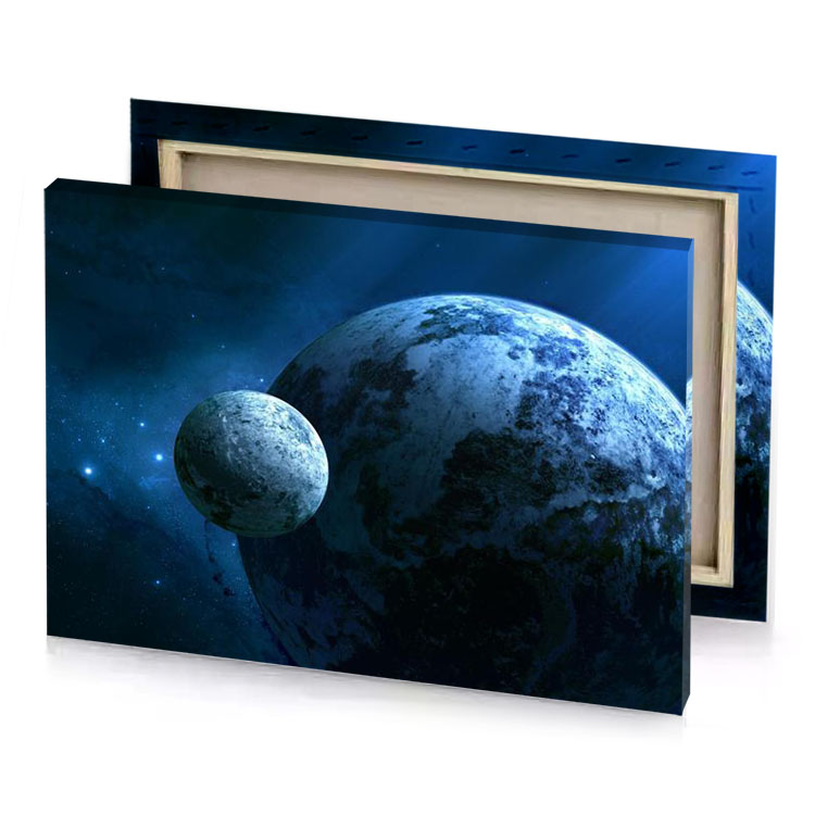 a planet with moon in the background steel blue canvas