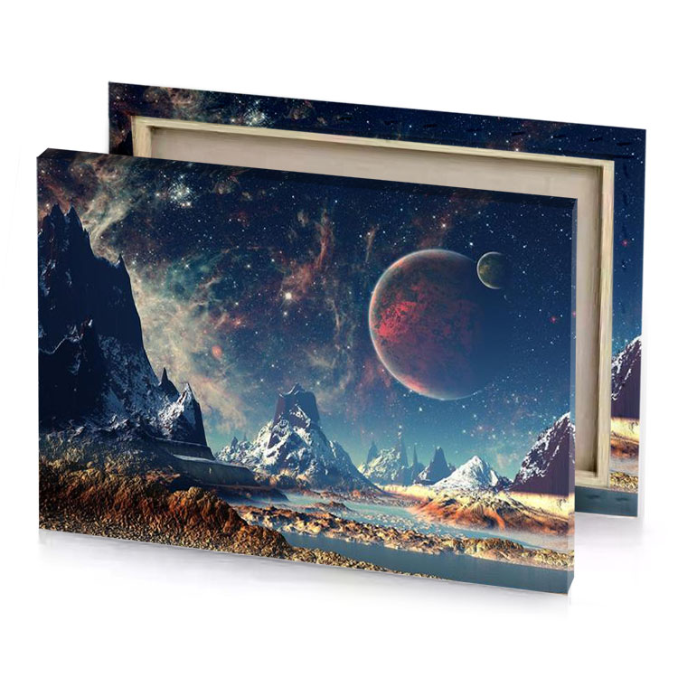 a planet with mountains and lake in the fore dark slate blue canvas
