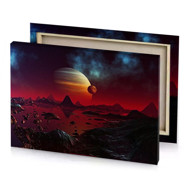 a planet with mountains and planets in the background burgundy canvas