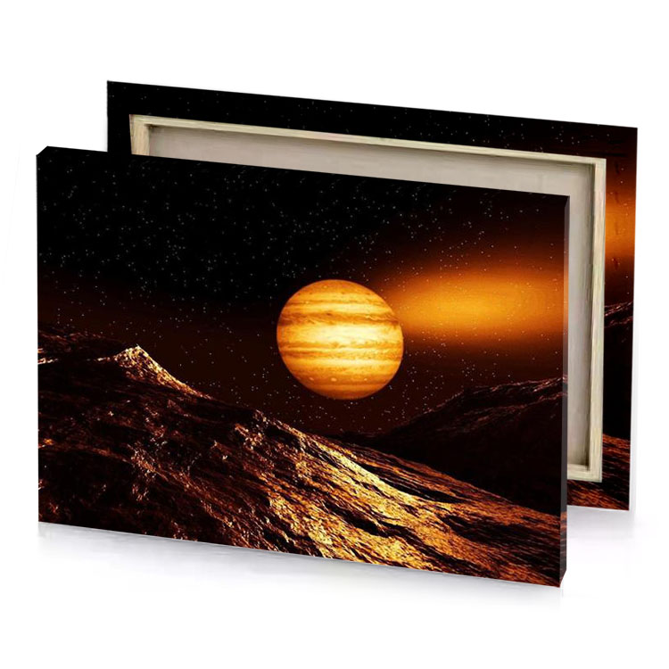 a planet with star in the background yellow orange canvas