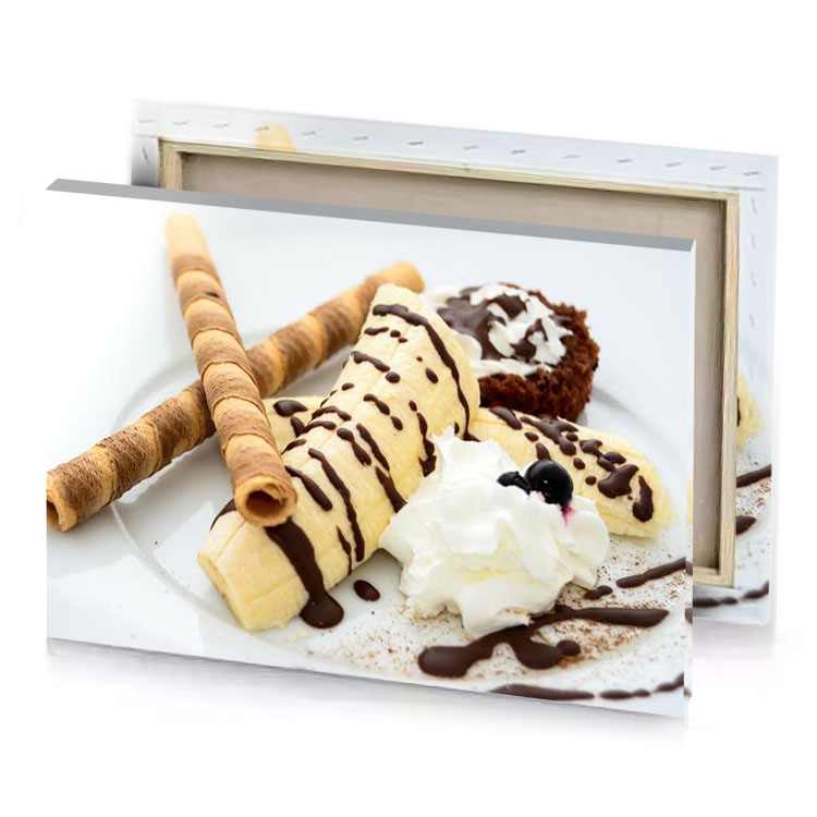 a plate of food with chocolate and bananas burlywood canvas