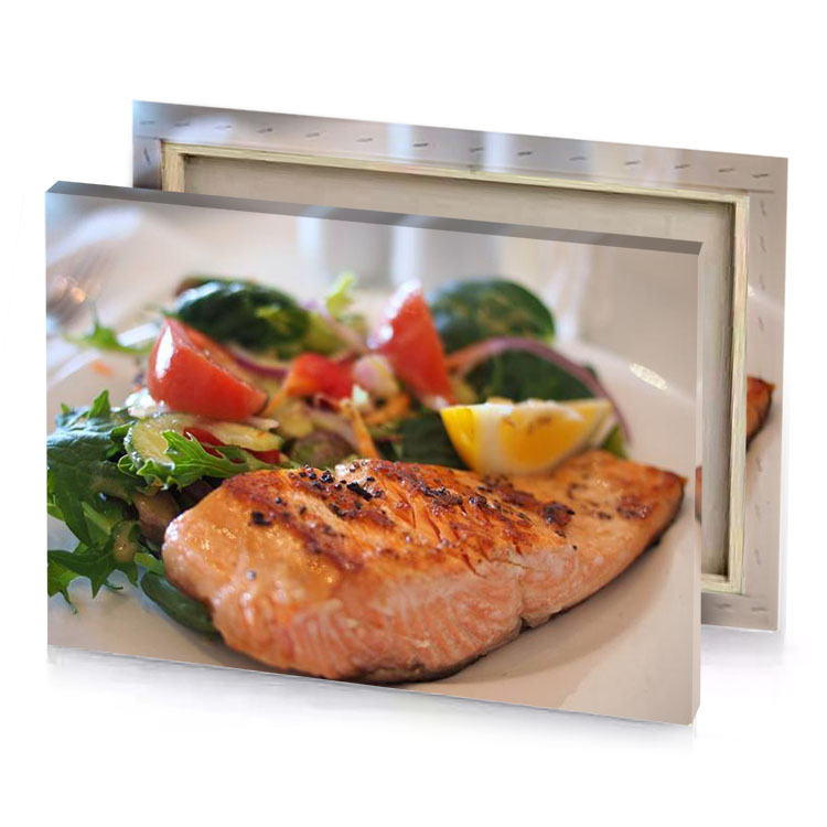 a plate of food with salmon and vegetables silver canvas