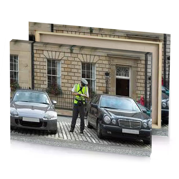 a police officer standing in front of building camouflage green canvas