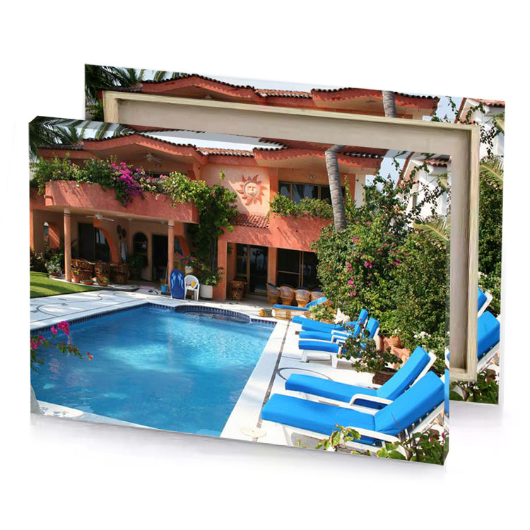 a pool with blue chairs sky canvas