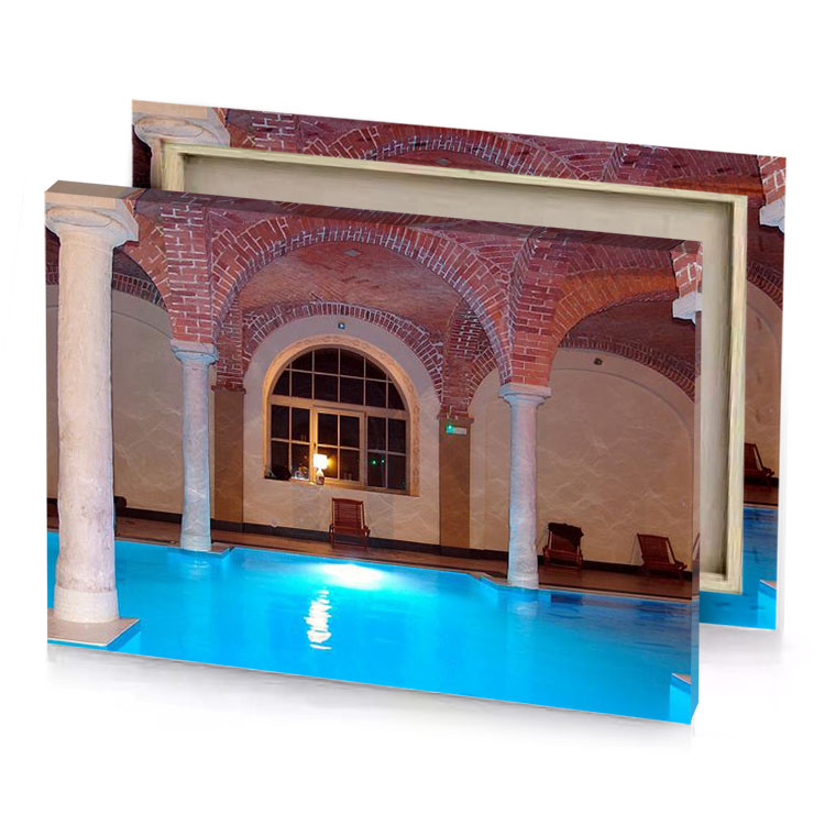 a pool with blue water camouflage green canvas