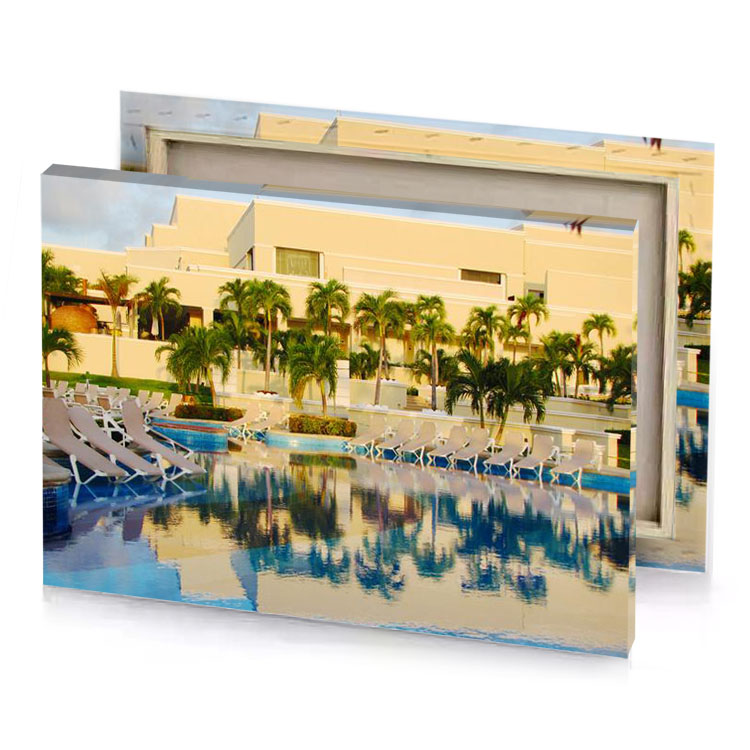 a pool with chairs and palm trees burlywood canvas