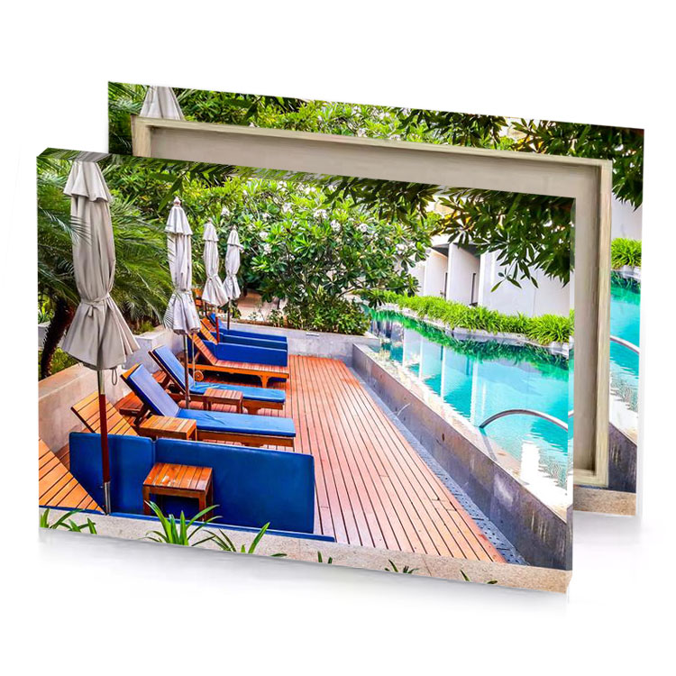 a pool with lounge chairs and umbrellas apricot canvas