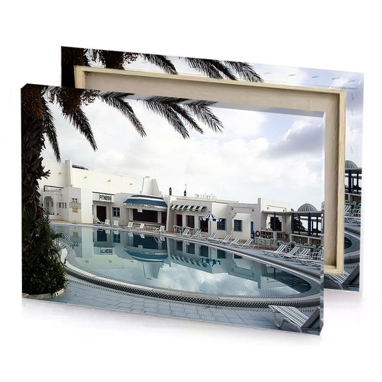 a pool with palm tree white smoke canvas