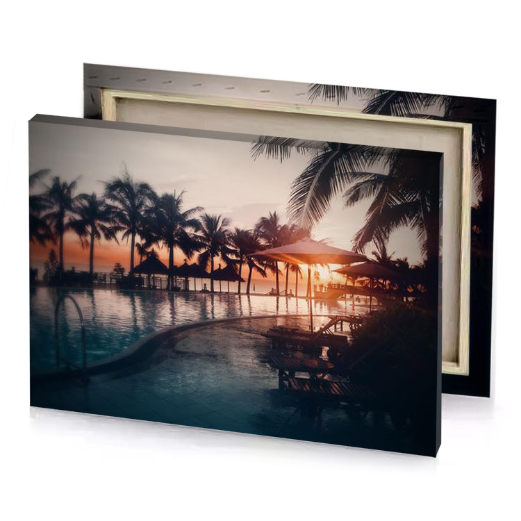 a pool with palm trees and sunset rosy brown canvas