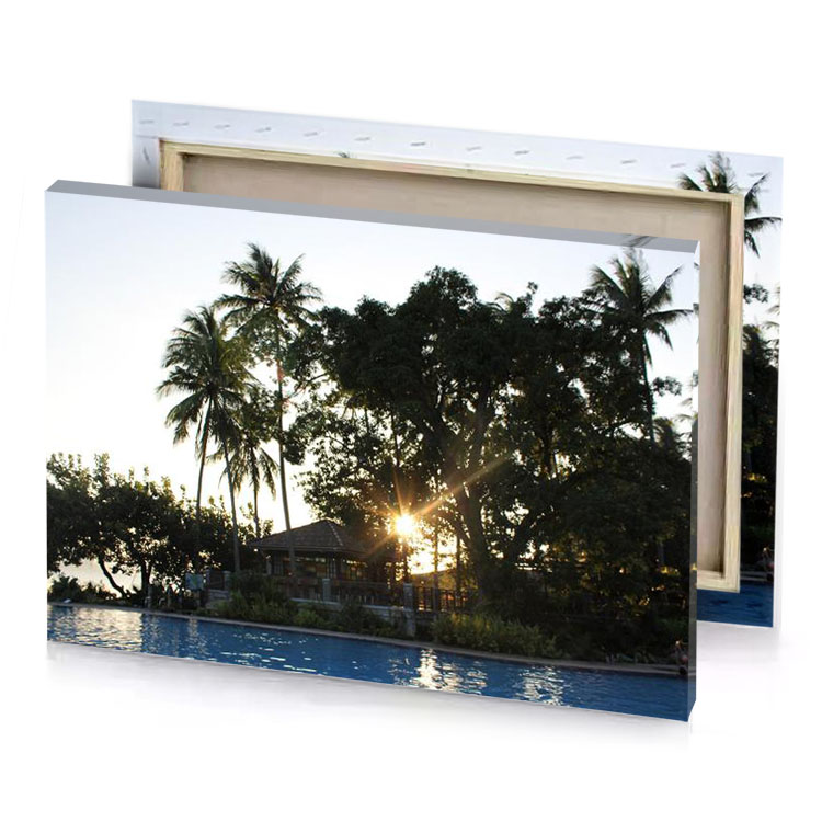 a pool with sun setting behind it bistre canvas
