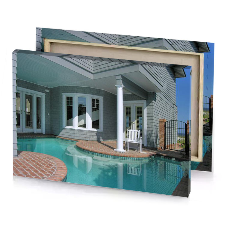 a pool with white column and brick patio lavender canvas