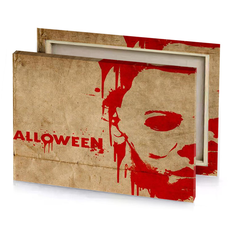 a poster with face and bloody expression dark red canvas
