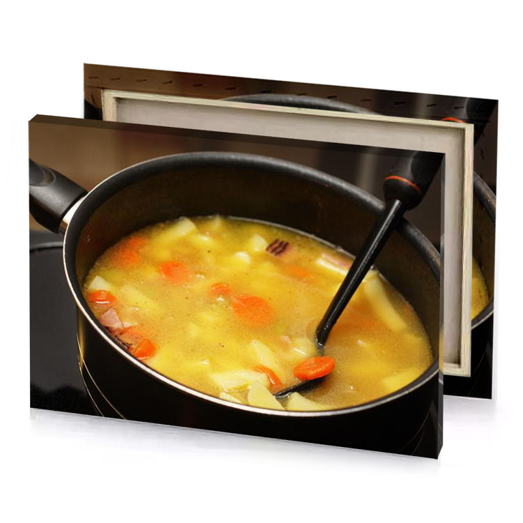 a pot of soup with spoon in it yellow orange canvas
