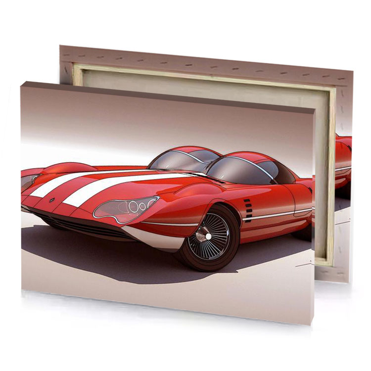a red and white car with stripe bittersweet shimmer canvas
