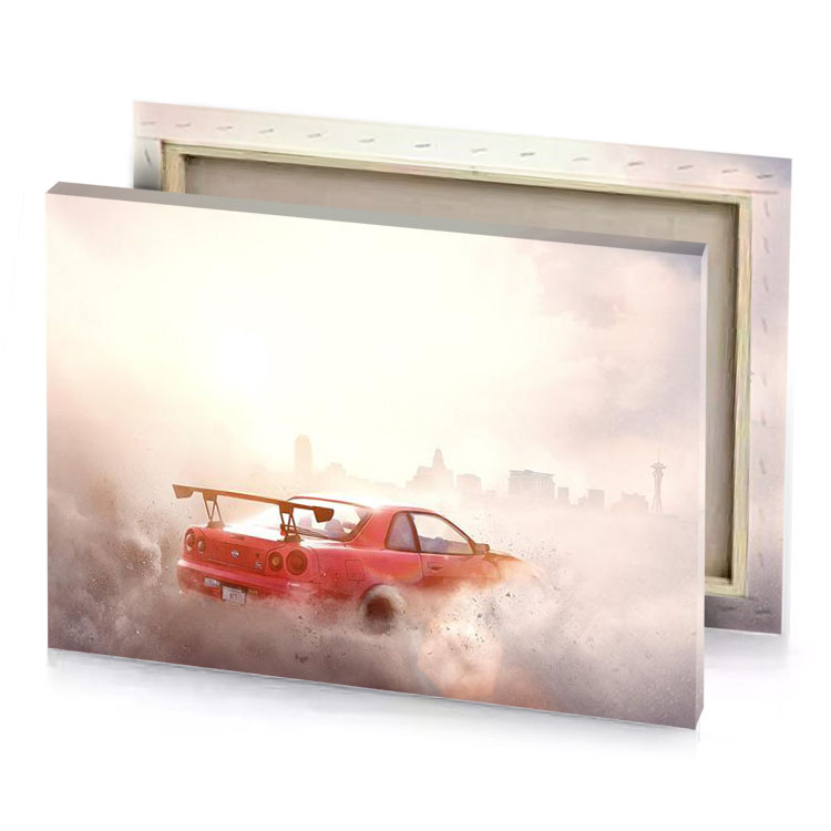 a red car is driving through cloud floral white canvas