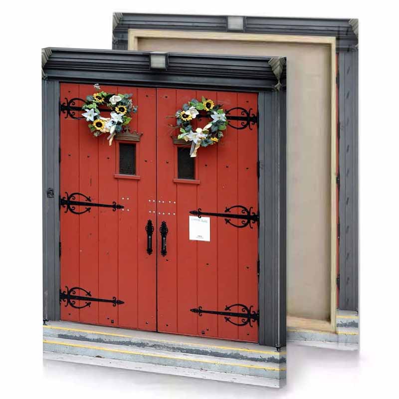 a red door with two sunflowers on it sienna canvas
