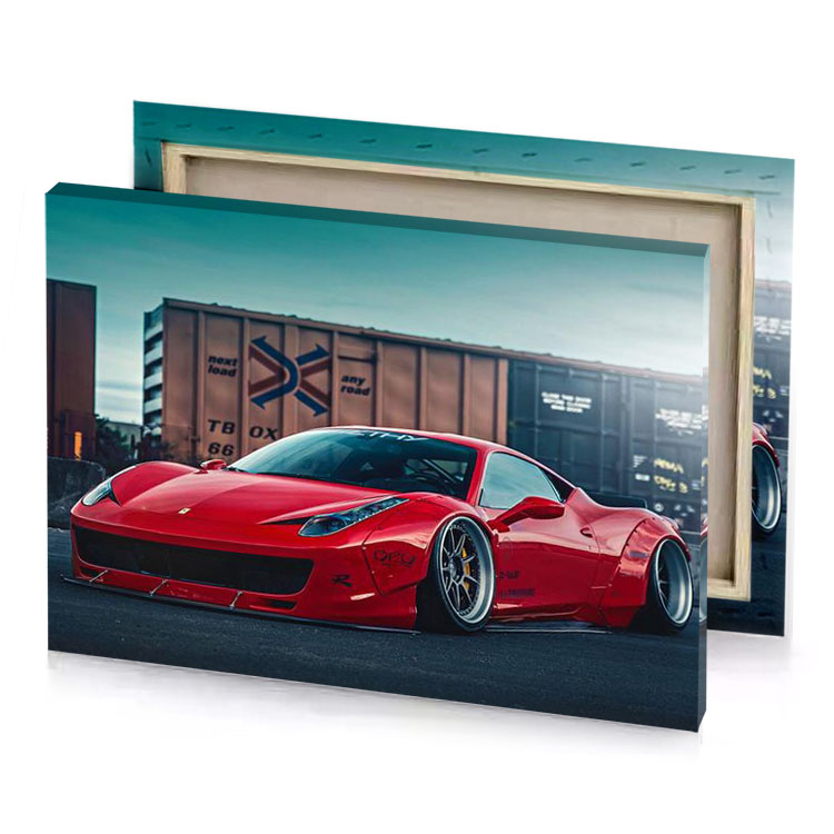 a red ferrari car parked in front of shipping container firebrick canvas