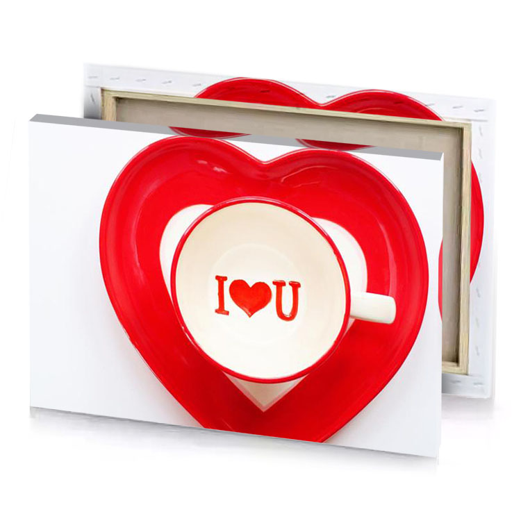 a red heart shaped bowl with the word i love lust canvas