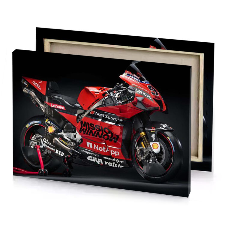 a red motorcycle is shown in the dark brown canvas