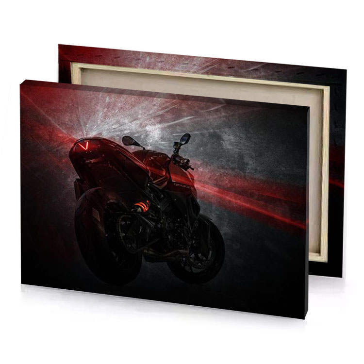 a red motorcycle is shown in the dark garnet canvas
