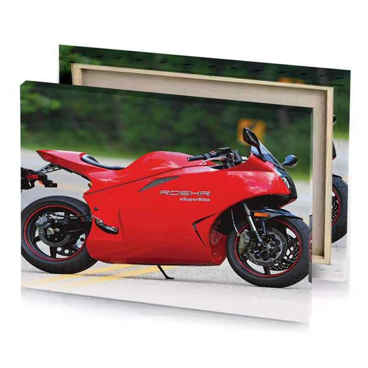 a red motorcycle parked on the side of road lust canvas