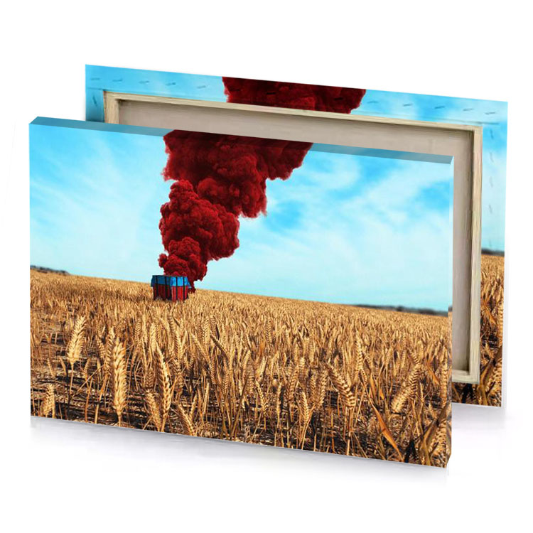 a red smokestak is coming out from field peru canvas