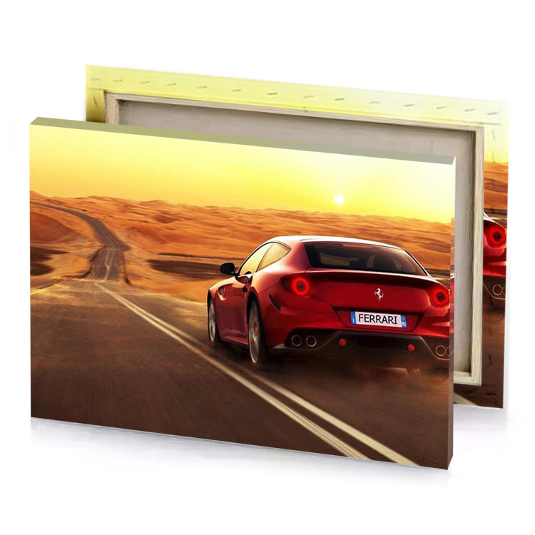 a red sports car driving down desert road bronze canvas