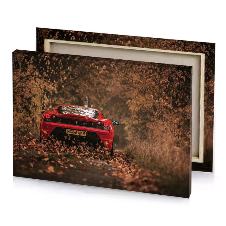 a red sports car parked in forest garnet canvas