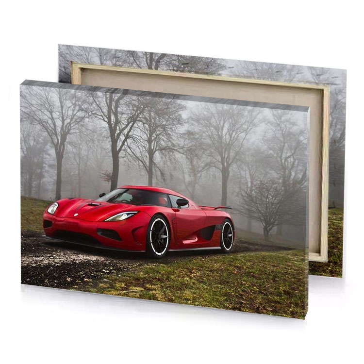 a red sports car parked on foggy road burgundy canvas