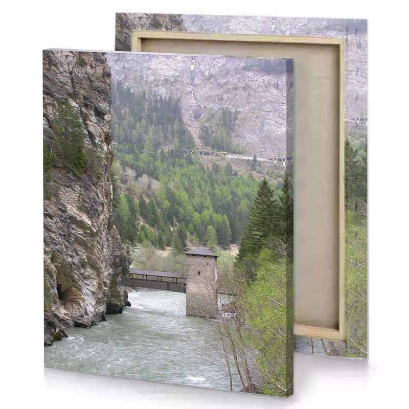 a river with bridge and mountain in the background camouflage green canvas