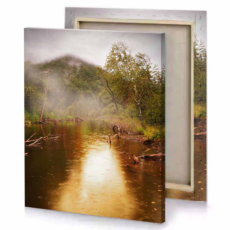 a river with few trees and man in the water rosy brown canvas