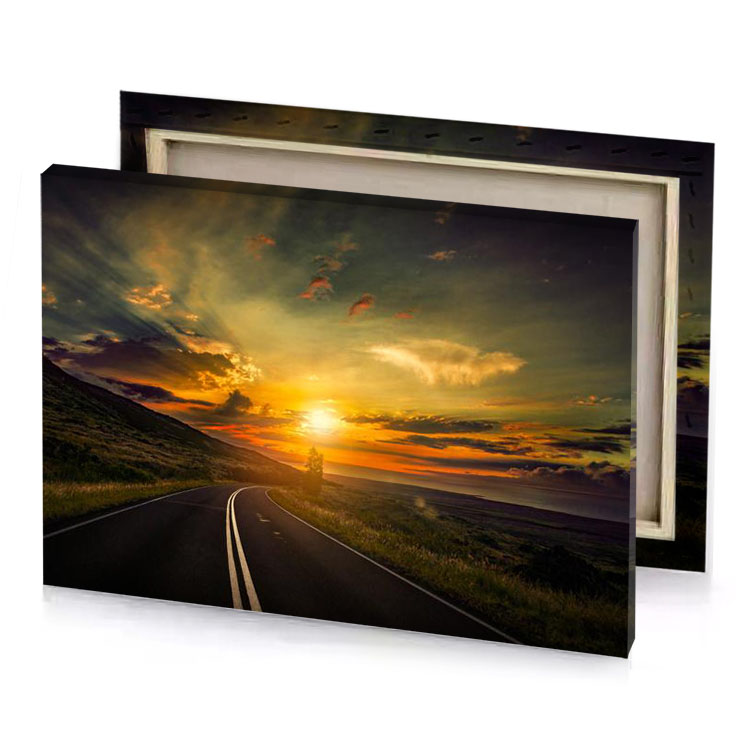 a road with sunset in the background yellow orange canvas