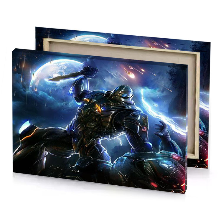a robot in the dark with lightning effect steel blue canvas