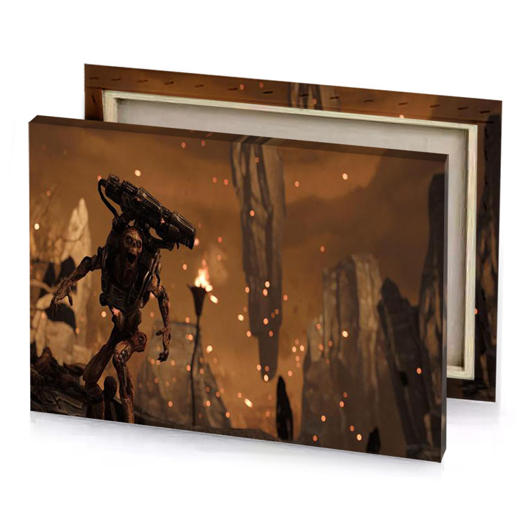 a robot standing in rocky area with fire the background saddle brown canvas
