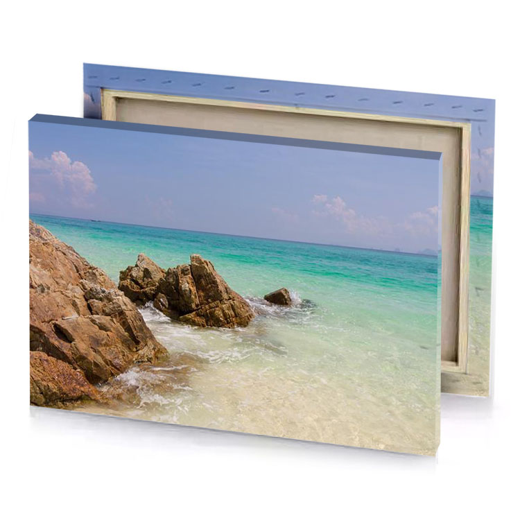 a rocky beach with clear blue ocean silver canvas