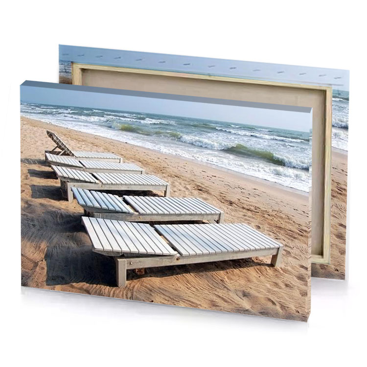 a row of wooden benches on beach silver canvas