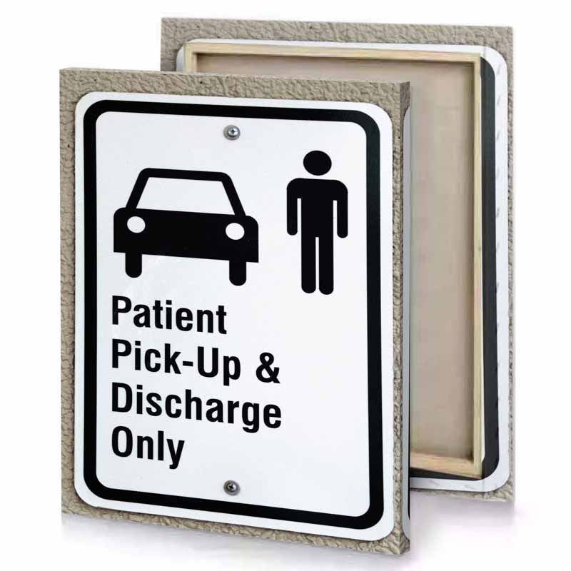 a sign on wall that says patient pick and discharge white smoke canvas