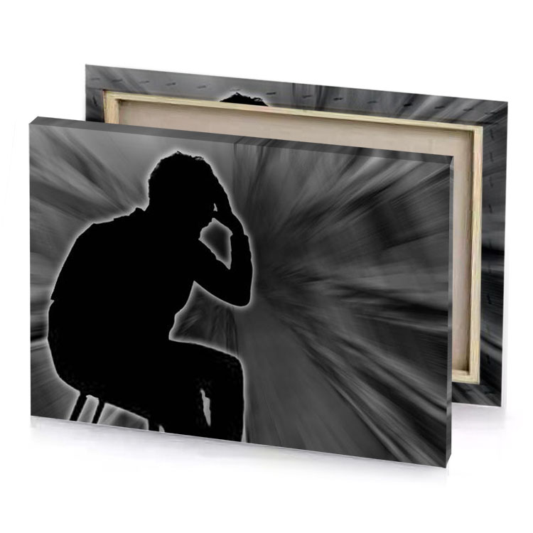 a silhouette of man sitting on chair smoky black canvas