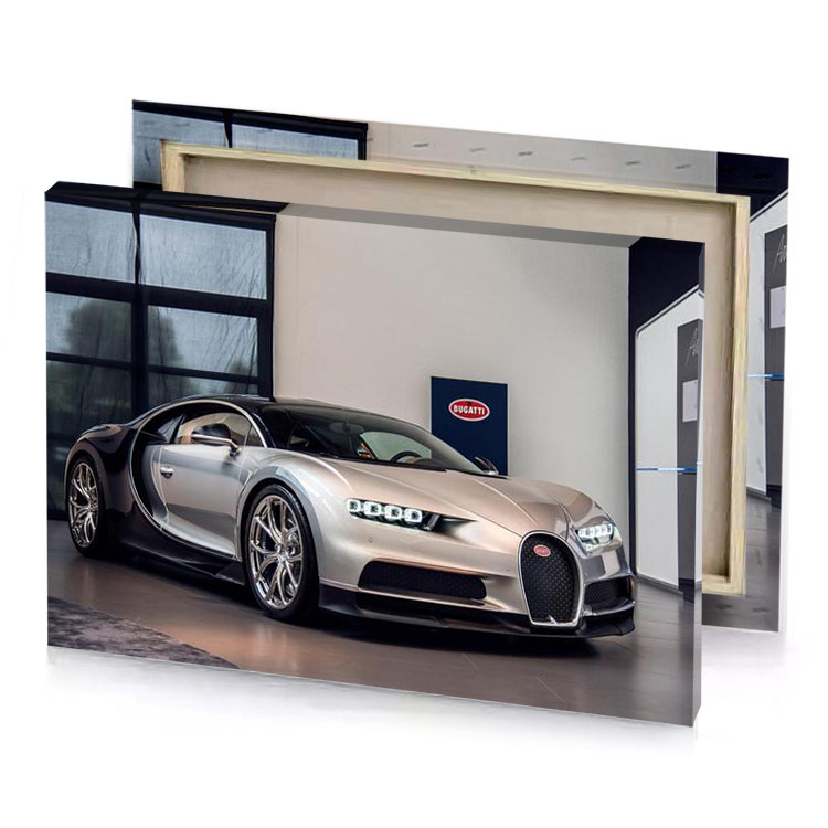 a silver bugatt car parked in garage canvas