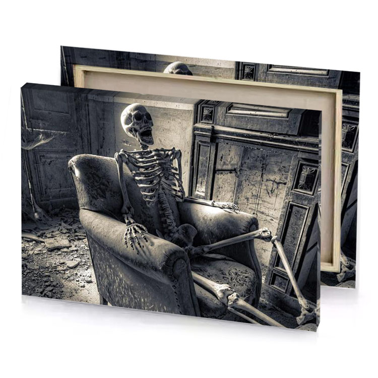 a skeleton sitting in an old chair camouflage green canvas