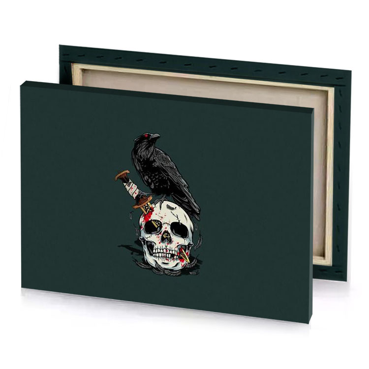 a skull with crow on top of it smoky black canvas