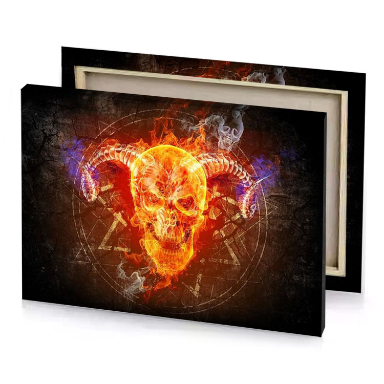 a skull with flames in the background firebrick canvas