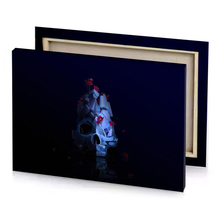 a skull with flower on it s head steel blue canvas
